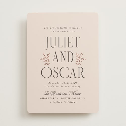 This is a blush foil stamped wedding invitations with foil pressed by Laura Hankins called enchanted printing on signature in standard