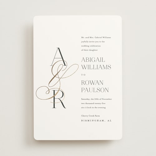 This is a chantilly foil stamped wedding invitations with foil pressed by Jessica Williams called initialed printing on signature in standard