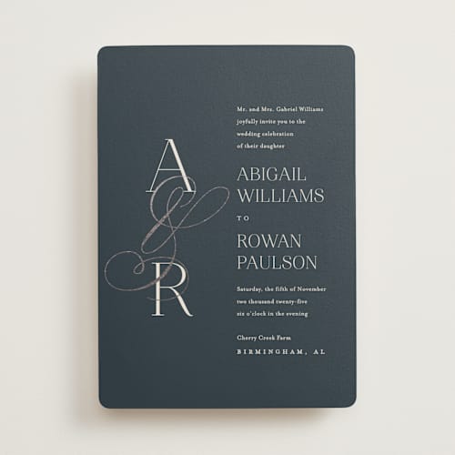This is a navy foil stamped wedding invitations with foil pressed by Jessica Williams called initialed printing on signature in standard