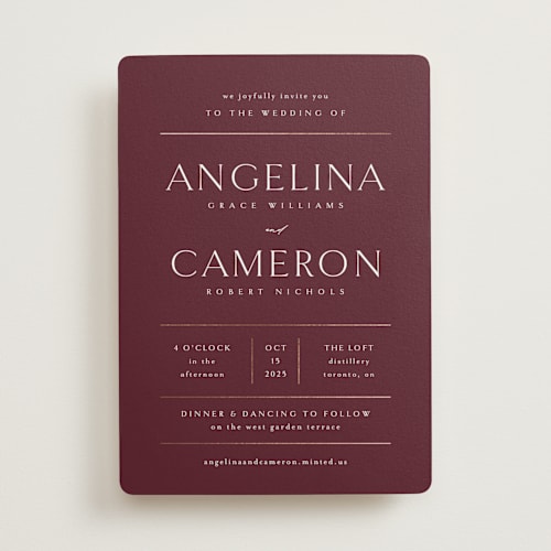 This is a vineyard foil stamped wedding invitations with foil pressed by Kelly Schmidt called sophisticate printing on signature in standard