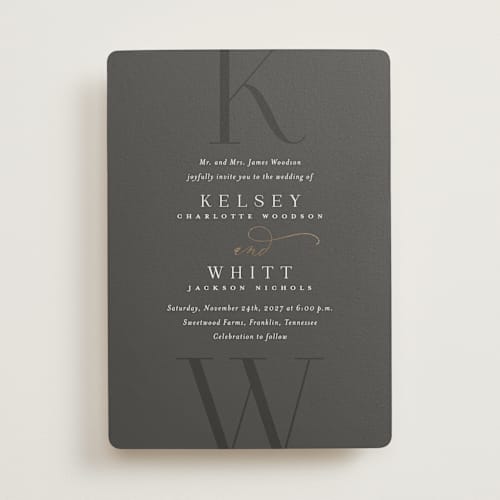 This is a stormy foil stamped wedding invitations with foil pressed by Jessica Williams called over monogram printing on signature in standard