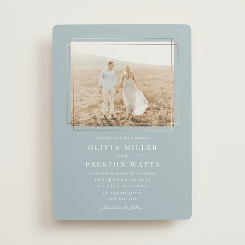 This is a dusty blue foil stamped wedding invitations with foil pressed by Robert and Stella called regent printing on signature in standard