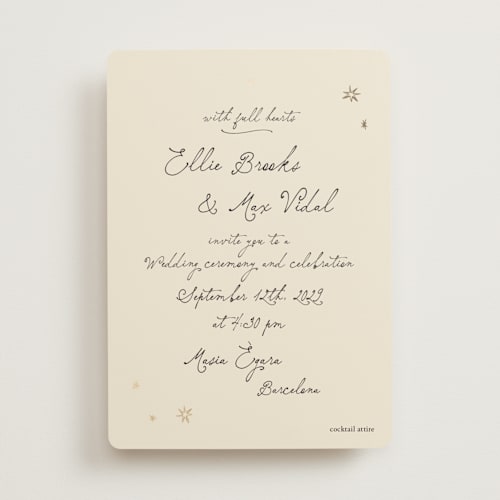 This is a noir foil stamped wedding invitations with foil pressed by Ani Somi called written in the stars printing on signature in standard