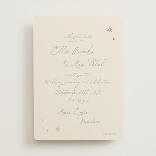 This is a sage foil stamped wedding invitations with foil pressed by Ani Somi called written in the stars printing on signature in standard
