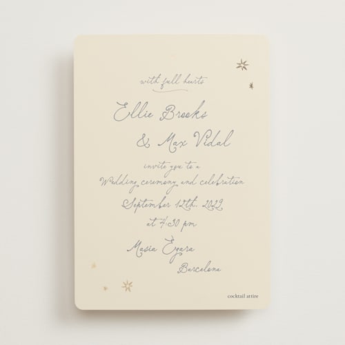 This is a chambray foil stamped wedding invitations with foil pressed by Ani Somi called written in the stars printing on signature in standard