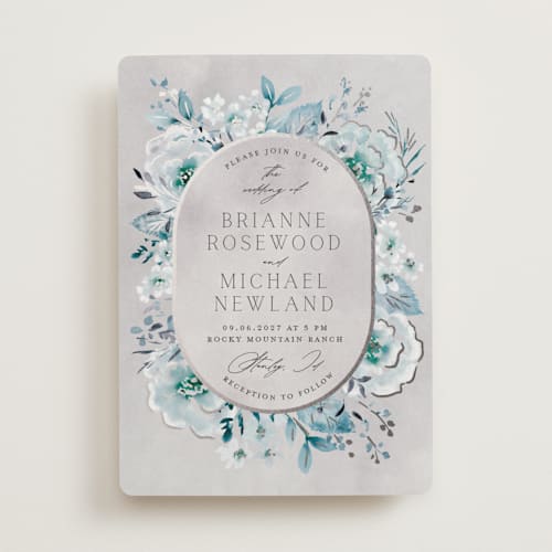 This is a periwinkle foil stamped wedding invitations with foil pressed by Petra Kern called love song printing on signature in standard