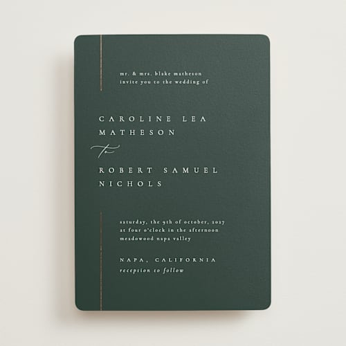 This is a evergreen foil stamped wedding invitations with foil pressed by Kelly Schmidt called london printing on signature in standard