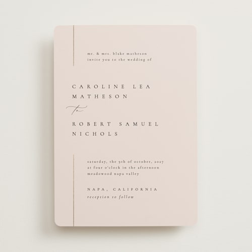 This is a blush foil stamped wedding invitations with foil pressed by Kelly Schmidt called london printing on signature in standard