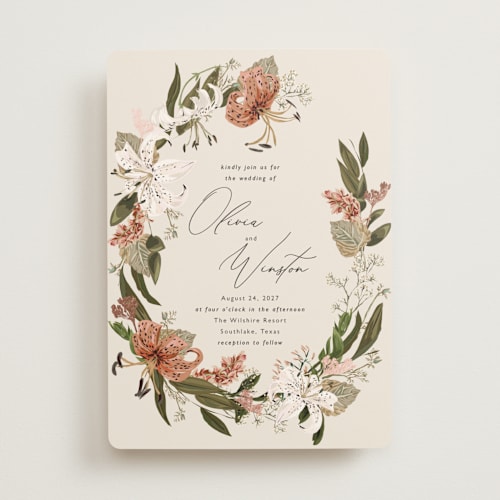 This is a terracotta foil stamped wedding invitations with foil pressed by Susan Moyal called delicate printing on signature in standard