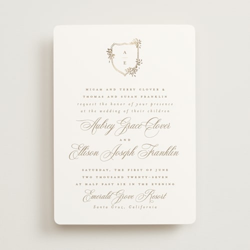 This is a pearl foil stamped wedding invitations with foil pressed by Leah Bisch called monogram in leaves printing on signature in standard