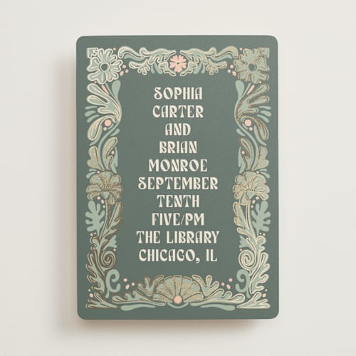 This is a sage foil stamped wedding invitations with foil pressed by GeekInk Design called nouveau frame printing on signature in standard
