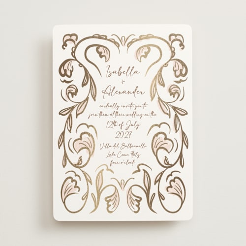 This is a blush foil stamped wedding invitations with foil pressed by Ani Somi called bella bellissima printing on signature in standard