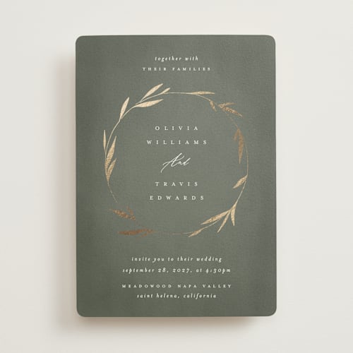 This is a moss foil stamped wedding invitations with foil pressed by Kelly Schmidt called minimal circle printing on signature in standard