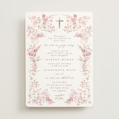 This is a spring foil stamped wedding invitations with foil pressed by Phrosné Barwood called meadow cross printing on signature in standard