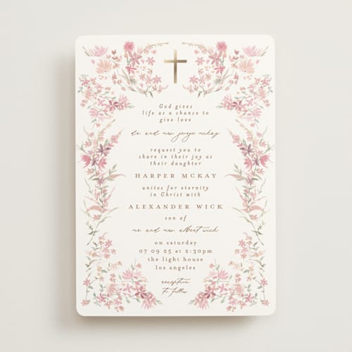 This is a spring foil stamped wedding invitations with foil pressed by Phrosné Barwood called meadow cross printing on signature in standard