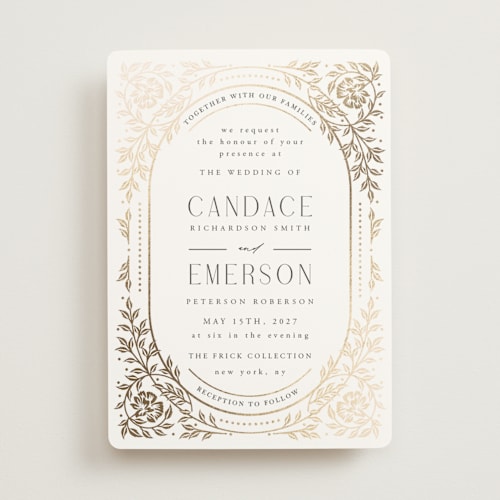 This is a ivory foil stamped wedding invitations with foil pressed by Ana de Sousa called gilded nouveau frame printing on signature in standard