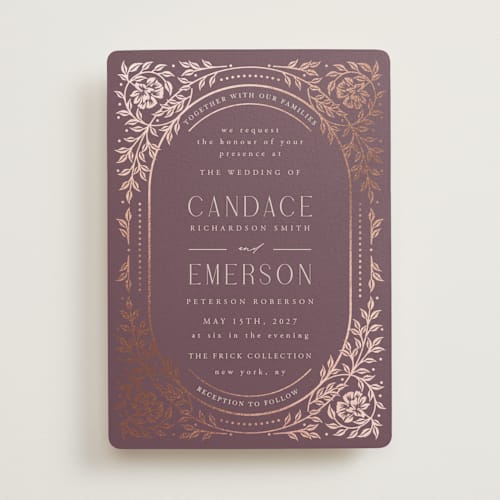This is a vineyard foil stamped wedding invitations with foil pressed by Ana de Sousa called gilded nouveau frame printing on signature in standard