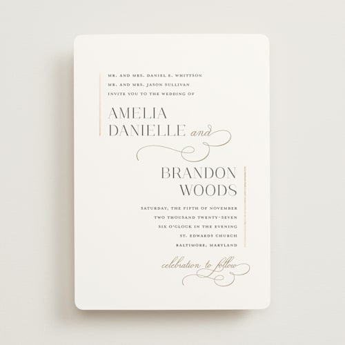 This is a sugar foil stamped wedding invitations with foil pressed by Jessica Williams called elegant flourish printing on signature in standard
