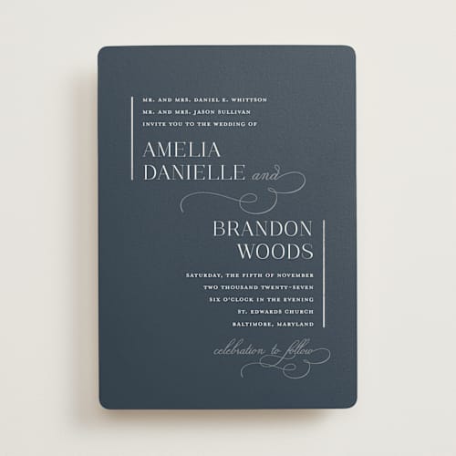 This is a midnight foil stamped wedding invitations with foil pressed by Jessica Williams called elegant flourish printing on signature in standard