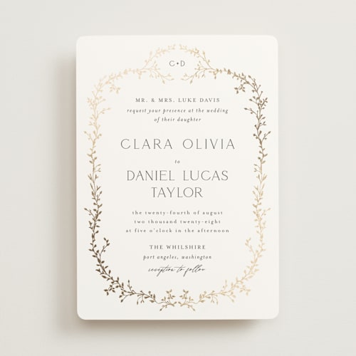 This is a alabaster foil stamped wedding invitations with foil pressed by Susan Moyal called delicate vine printing on signature in standard