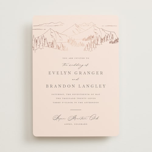This is a blush foil stamped wedding invitations with foil pressed by Sarah Brown called peaks printing on signature in standard