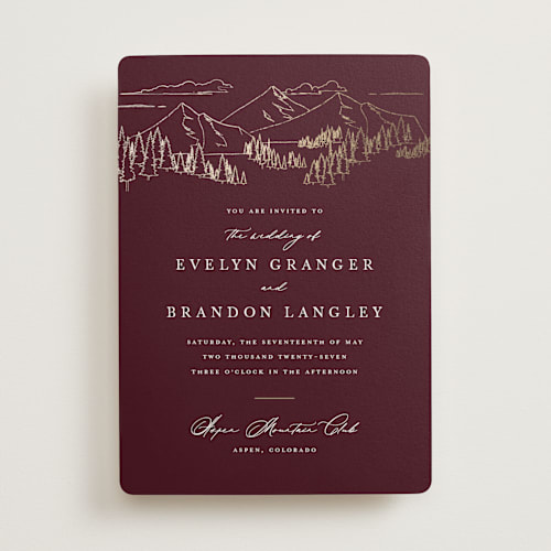 This is a merlot foil stamped wedding invitations with foil pressed by Sarah Brown called peaks printing on signature in standard