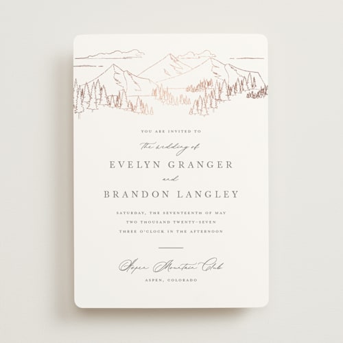 This is a graphite foil stamped wedding invitations with foil pressed by Sarah Brown called peaks printing on signature in standard