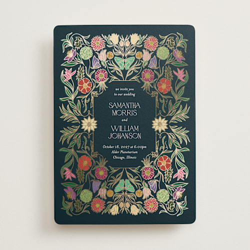 This is a midnight garden foil stamped wedding invitations with foil pressed by Simona Camp called gilded tapestry printing on signature in standard