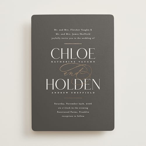 This is a charcoal foil stamped wedding invitations with foil pressed by Jessica Williams called idyllic printing on signature in standard
