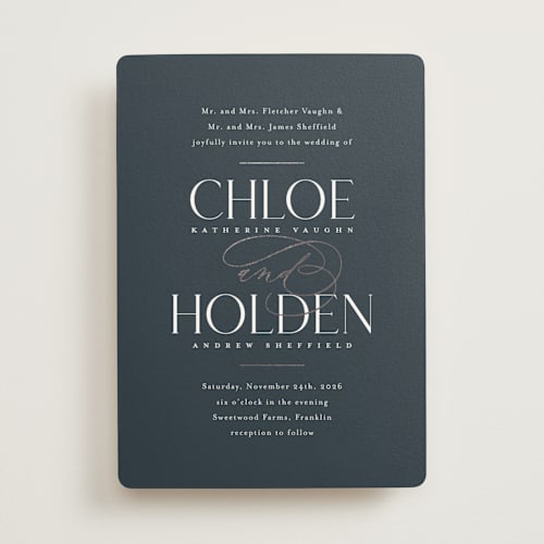 This is a navy foil stamped wedding invitations with foil pressed by Jessica Williams called idyllic printing on signature in standard