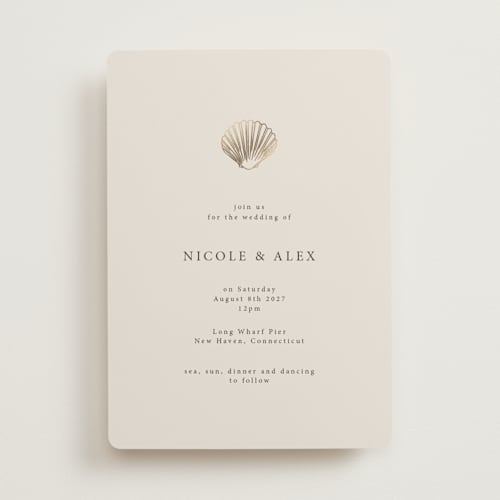 This is a sand foil stamped wedding invitations with foil pressed by Hannah Bowman called simple seashell printing on signature in standard