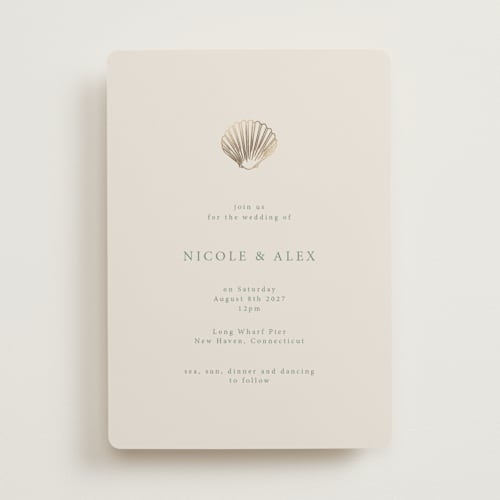 This is a kelp foil stamped wedding invitations with foil pressed by Hannah Bowman called simple seashell printing on signature in standard