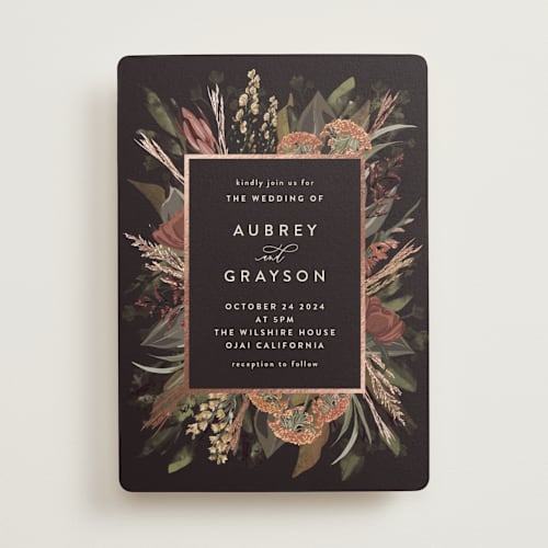 This is a copper foil stamped wedding invitations with foil pressed by Susan Moyal called sunset florals printing on signature in standard