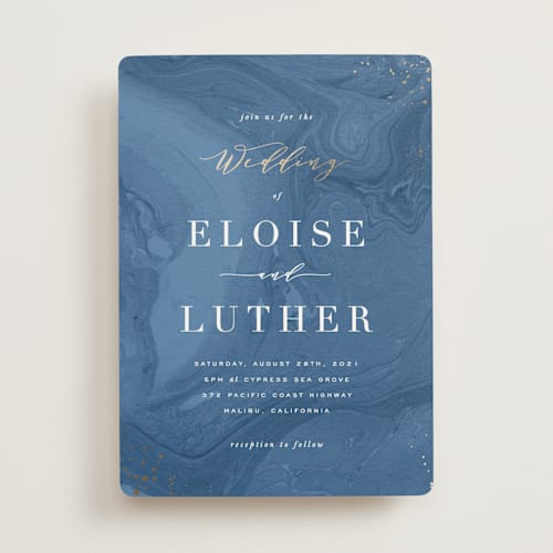 This is a royal blue foil stamped wedding invitations with foil pressed by Hooray Creative called moody marbling printing on signature in standard