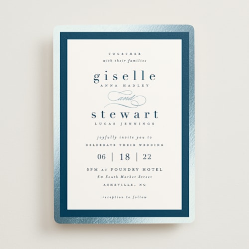 This is a navy foil stamped wedding invitations with foil pressed by Hooray Creative called handsome border printing on signature in standard