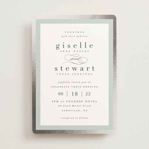 This is a mint foil stamped wedding invitations with foil pressed by Hooray Creative called handsome border printing on signature in standard