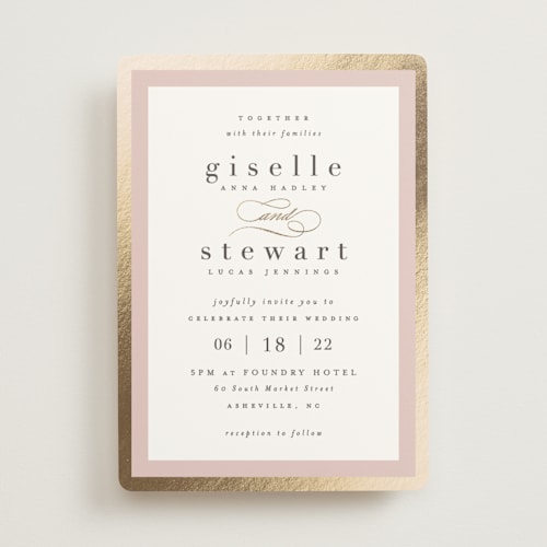 This is a petal foil stamped wedding invitations with foil pressed by Hooray Creative called handsome border printing on signature in standard