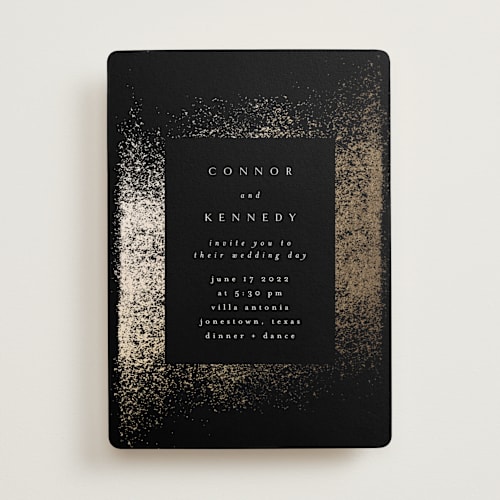 This is a tuxedo foil stamped wedding invitations with foil pressed by Phrosné Barwood called the mill park printing on signature in standard