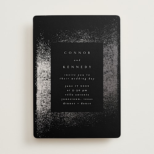 This is a tuxedo foil stamped wedding invitations with foil pressed by Phrosné Barwood called the mill park printing on signature in standard