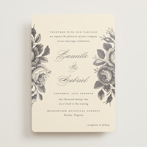This is a creamery foil stamped wedding invitations with foil pressed by Design Lotus called idyllic printing on signature in standard