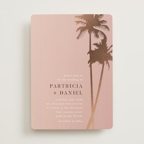 This is a coral foil stamped wedding invitations with foil pressed by lulu and isabelle called sunset by the sea printing on signature in standard