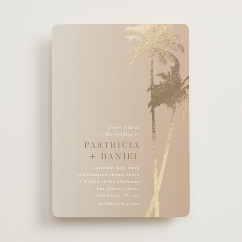 This is a tan foil stamped wedding invitations with foil pressed by lulu and isabelle called sunset by the sea printing on signature in standard