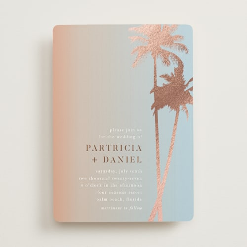 This is a sunset foil stamped wedding invitations with foil pressed by lulu and isabelle called sunset by the sea printing on signature in standard