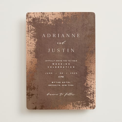 This is a copper foil stamped wedding invitations with foil pressed by Eric Clegg called woodland hills printing on signature in standard