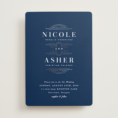 This is a azure foil stamped wedding invitations with foil pressed by Hooray Creative called modern deco printing on signature in standard