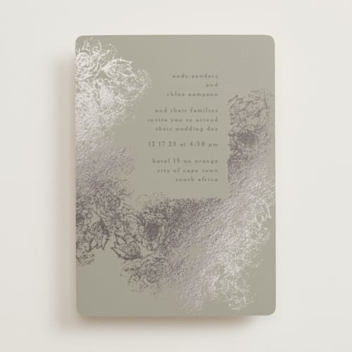 This is a moss foil stamped wedding invitations with foil pressed by Phrosné Barwood called fairytale dust printing on signature in standard