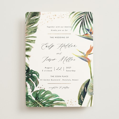 This is a tropical foil stamped wedding invitations with foil pressed by Elly called our paradise printing on signature in standard