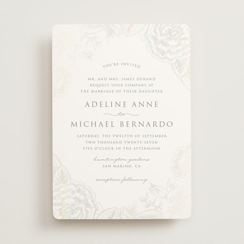 This is a opal gloss press wedding invitations with gloss press by Rochelle Renee called au jardin printing on signature in standard