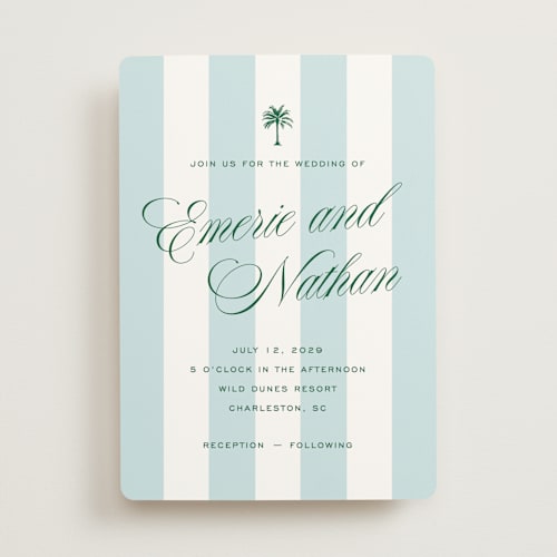This is a low tide wedding invitations with standard by Susan Zinader called island palm printing on signature in standard