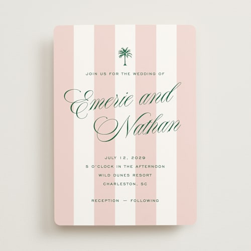 This is a taffy wedding invitations with standard by Susan Zinader called island palm printing on signature in standard